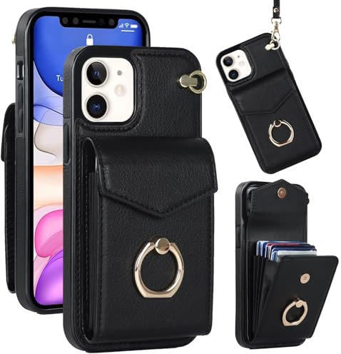 Knoowcase for iPhone 11 Case Shockproof Wallet with Card Holder Slots Ring Wrist Strap PU Leather Shell RFID Blocking Kickstand Magnet Full Protective Cover for iPhone 11, Black