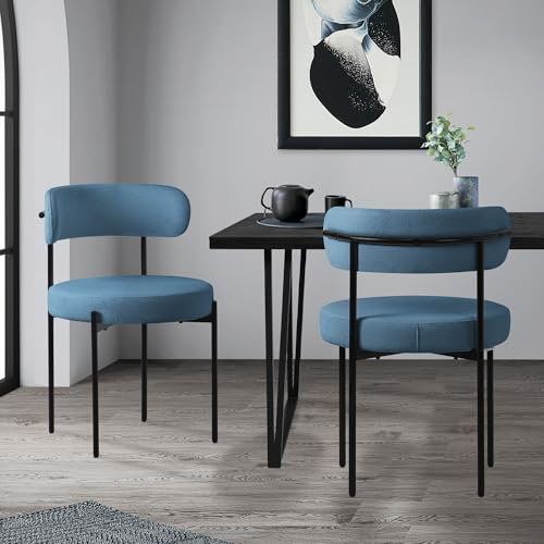 ML-Design Lot de 2 Chaises de Salle à Manger, en Tissu Teddy Polyester, Bleu, avec Dossier, Chaise Ronde Rembourrée avec Pieds Métalliques Noirs, Fauteuil Lounge Ergonomique de Salon Cuisine Bureau