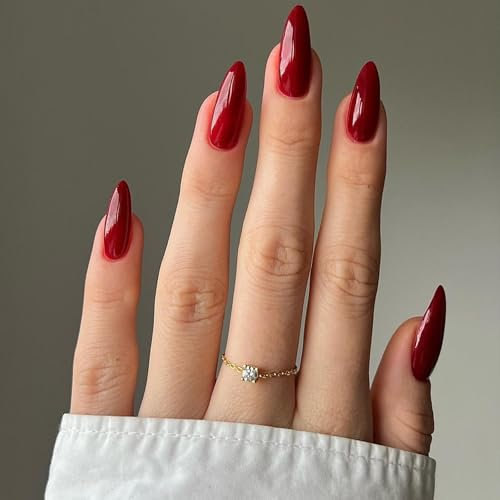 24pcs Red Almond False Nails - Burgundy Stick on Nails Press on Nails Glue-on Nails Fake Nails - Full Cover Acrylic Removable Glue - Stick On Nails for Women Girls Nail Art