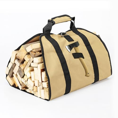 SIGANDG Oxford-Stoff Brennholz Tragetasche, Kaminholztasche Wasserdicht Outdoor, Kamin Brennholz Aufbewahrungstasche, Kaminofen Zubehör für Drinnen und Draußen, Lagerfeuer, Camping, Reisen (Khaki)