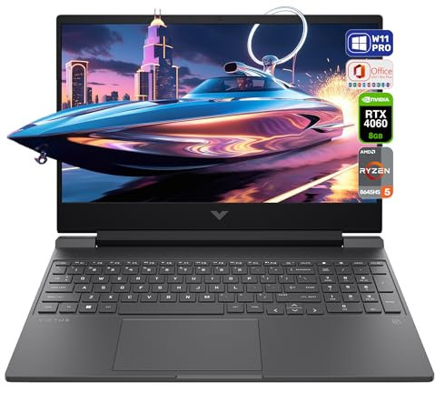 HP Victus Ordinateur portable de jeu, avec AMD Ryzen 5 8645HS, RAM DDR5 16 Go, SSD PCle 2 To, écran 15,6 FHD 144 Hz, Nvidia GeForce RTX 4060, clavier QWERTZ, Windows 11 Pro, Office 2021, noir