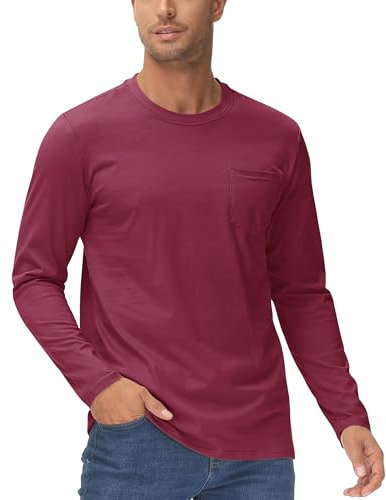KEFITEVD Men's Cotton T Shirt Casual Full Sleeve Tee Lightweight Classic Work Shirts with Pocket Wine Red XXL