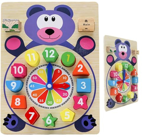 Pädagogische Uhr aus Holz, Formensortier-Puzzle-Uhr, sortierendes Farb-Sortierspielzeug, lustige Formen, Lernspiel zum Zählen und Korrespondenz