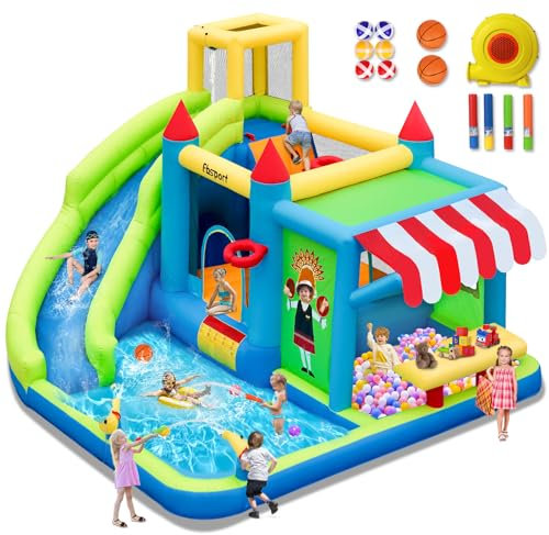 FBSPORT château Gonflable Enfant avec souffleur Aire de Jeux Gonflable Adulte Grand château Gonflable Piscine Meilleur Cadeau de Vacances/d'anniversaire pour Les Enfants 424 ×388 ×238 CM