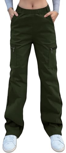 Nuofengkudu Women Wide Leg Combat Cargo Trousers with Zipper Pockets Stretch High Waisted Work Tall Long Pants Loose Fit Lounge Wear Y2K Teen Girls Streetwear Casual