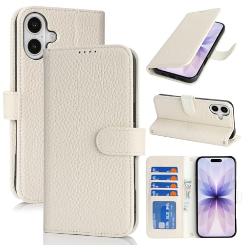 Zouzt Echtleder Hülle für iPhone 17 (6,3), 4 Kartenfächern, Milchig Weiß | Premium Leder, Kartenhalter, Magnet Klapp Schutzhülle, Stoßfeste TPU-Innenhülle, Frauen Männer, Leather Wallet Phone Case