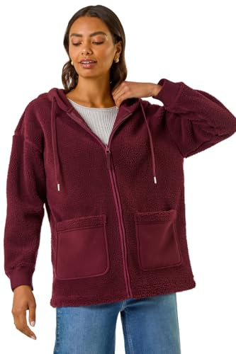 Roman Originals Hooded Borg Zip Through Jacket for Women UK - Ladies Everyday Autumn Winter Comfy Soft Evening Vacation Work Party Night Out