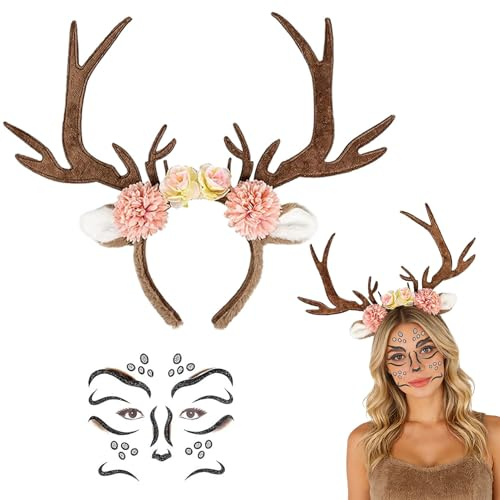 Forbabe Karneval Kostüm Accessoires, Rentier Geweih Haarreifen Damen | Reh Geweih Haarreif mit Blumen Gesichtstattoo Kopfbedeckung Fasching Reh Haarreif Karneval für Weihnachten Cosplay Mottoparty
