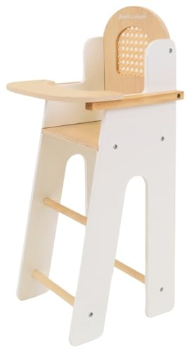 Bandits & Angels Puppenstuhl aus Holz weiß mit Rattan – Puppenstuhl aus Holz – Geeignet für Puppen bis 42 cm – Verstellbare Plattform – Puppenmöbel