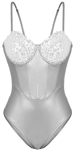 Maeau - Body Pailletten Damen Glänzender Glitzer Bodys Freiem Rücken mit dünnen Trägern Dessous Jumpsuit XS Silber