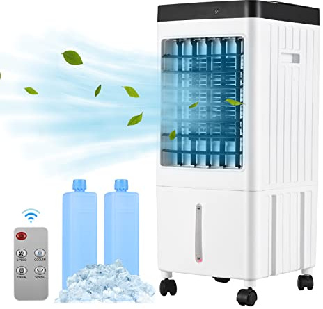 ZJchao Ventilador de Aire Acondicionado Portátil, Enfriador Evaporativo con Tanque de Agua de 3 Velocidades de 10L y Control Remoto para Habitación, Hogar, Oficina, Dormitorio (Enchufe de la UE)