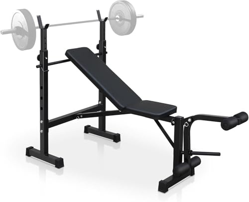 Verstellbare Hantelbank mit Squat Rack – 150 kg Belastbarkeit – Klappbare Multifunktions-Trainingsbank mit Beinstrecker & Curl Pad – Flach-/Schrägbank für Home Gym Krafttraining