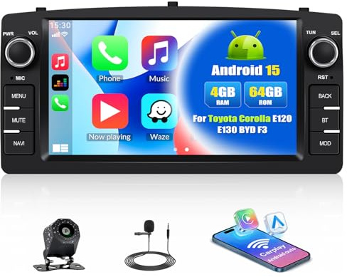 CAMECHO 4+64G Android 15 Autoradio für Toyota Corolla E120 E130 2000-2007 | 7 Zoll mit Rückfahrkamera, Radio Bluetooth Wireless Carplay Android Auto FM RDS, GPS WIFI Mirror Link