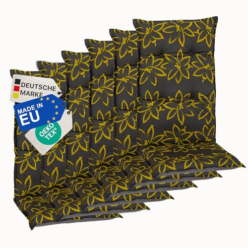 NYVI Gartenstuhl Auflagen Hochlehner 6er Set Barcelona - UV-Beständig, Atmungsaktiv, Strapazierfähig - Hochlehnerauflagen Sitzkissen Outdoor - Sitzauflagen für Gartenstühle 118x50cm Gelbe Blume