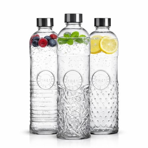 3er-Set Wasserflasche, Trinkflasche, Glasflasche für 1 Liter – mixed, je 1x | transparente Karaffe – Retro & Vintage-Stil – luftdichter Schraubverschluss, auslaufsicher – Umweltfreundlich – Seaside No.64