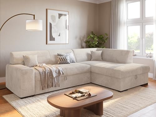 BROMARKT Ecksofa mit Bettkasten Schlaffunktion L 260cm Rechts Vanille