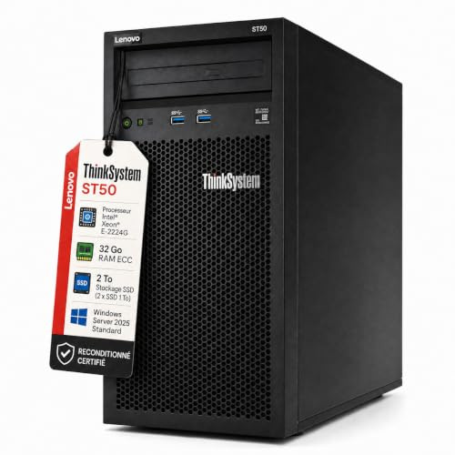 Lenovo Server ThinkSystem ST50 - CPU Intel Xeon E-2224G, 32 GB di RAM ECC, 2 SSD da 1 TB, Win Server 2025 Standard (ricondizionato)