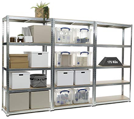 Hochbelastbares, verzinktes Stahlregal für die Garage, 3 Gestelle, Garagenregal, 5 Etagen, 175 kg Traglast pro Regalboden, 180 x 90 x 40 cm (H x B x T).