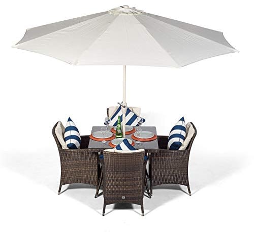 Giardino Savannah Rattan Garden Dining Set 4 Seater Outdoor Table & Chairs Patio Furniture with Parasol & Cover, Aluminium Frame, 90 x 90cm, Brown