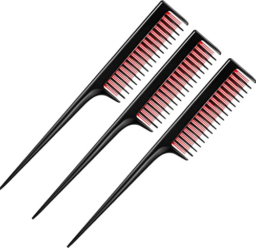 Leinuosen 3 Pcs Triple Teasing Comb for Women Plastic Rat Tail Comb Heat Resistant Pintail Tease Layer Tool for Thick Fine Hair Styling Backcombing Volume Structure(Black and Red)