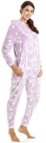 Camille Women's Super Soft Fleece Onesie - Heart All In One - Long Sleeved and Side Pockets for Ultimate Comfort & Warmth Purple