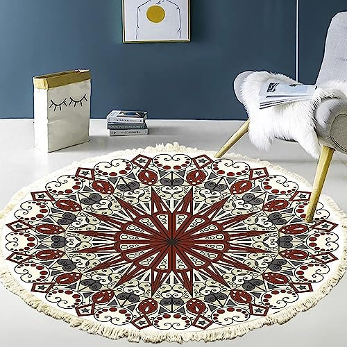 Vintage Boho Baumwolle Teppiche Mandala Muster Waschbar Handgewebte Böhmische Runder Teppich mit Quasten für Schlafzimmer Flur Wohnzimmer Couchtisch Fußmatten,Waschmaschinenfest,90CM Blumen #4