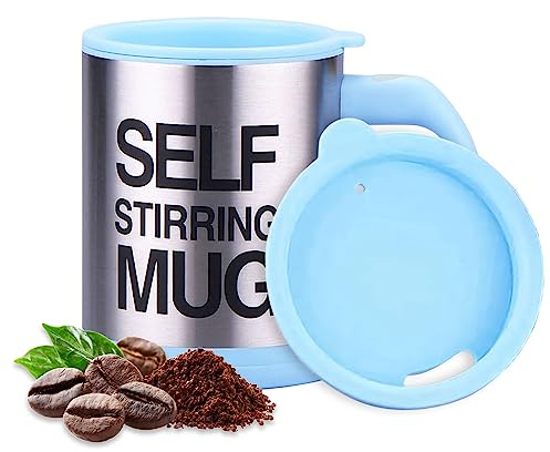 AEX Taza de café autoagitable,Taza eléctrica de acero inoxidable para mezclar y girar automáticamente con tapa, 450 ml, mujeres y niños, color azul
