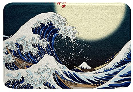 Japanisches Hokusai Muster Badematte Exotisches Badezimmerteppich Zottelig im japanischen Stil Blue Wave Muster Badteppiche 50x80cm für Kinder Frauen Schlafzimmer Dekor Fuji Mountain Gedruckt