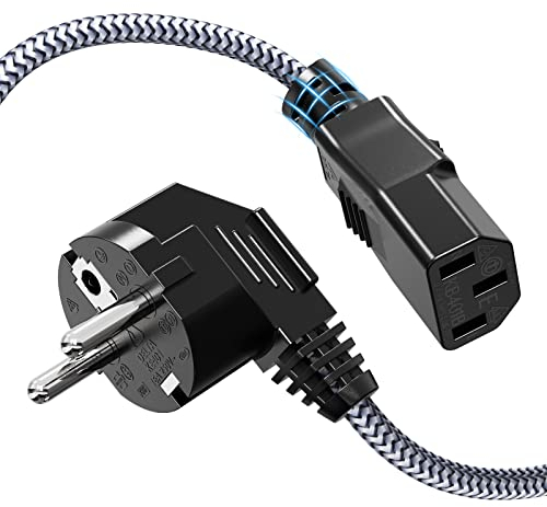 Riksoin - Cable de alimentación (3 Pines, 3M, Nailon Trenzado, Universal, CEE 7/7 a IEC60320 C13) con VDE para monitores, PC, impresoras, PS3/PS4 Pro, escáner, TV, Pantalla, proyector, etc.