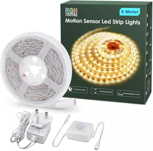 RGH LIGHTING Motion Sensor Led Strip Lights 5 Meters, 3000K Warm White Led Light Strip, 2 Activated Modes Led Tape Lights for Cabinet Kitchen Living Room Bedroom Stair Conservatory Garage and Bar