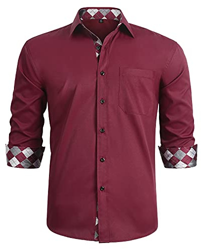 HISDERN Men's Inner Contrast Shirt Casual Formal Classic Button Down Dress Shirts Long Sleeve Plaid Collar Regular Fit 4XL Burgundy/White