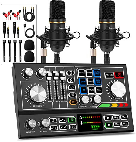 Hayner-Seek MHS117 2-Channel Modern-Professional Podcast Equipment Bundle with Audio Mixer, Condenser Microphones, 48V Phantom Power, USB, AUX Connectivity for Live Stream/Record/Game
