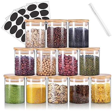 Revivoer Glasbehälter Eckig Glas mit Deckel, 12er Set Bambusbezug Gewürzgläser Vorratsgläser, 175ml Gewürzbehälter Vorratsdosen Container Inkl Aufkleber und Kreidestift (Rund)