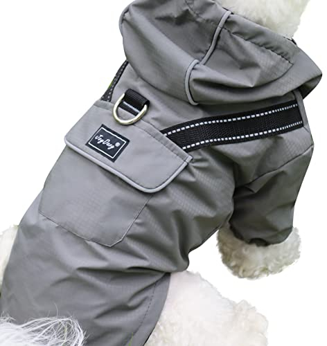 JoyDaog Premium-Hunde-Regenmantel mit Kapuze für kleine Hunde, Outdoor-Sport, wasserdichte Hunde-Regenjacke, Welpen-Regenmantel mit Taschen, Grau, Größe S