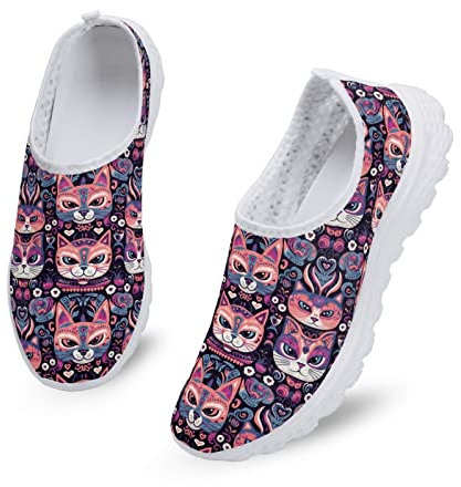 Kuiaobaty Zapatillas de deporte para mujer, sin cordones, de malla, planas, para correr, entrenamiento, transpirables, Gatos tribales novedosos, 39.5 EU
