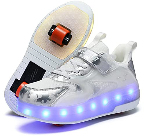 Skridsko Rollschuhe Schuhe Mädchen Jungen mit Rollen Skateboardschuhe, Verstellbar Jugend Schuhe mit Rollen, Turnschuhe mit Rollen für Kinder mit LED Blinkend