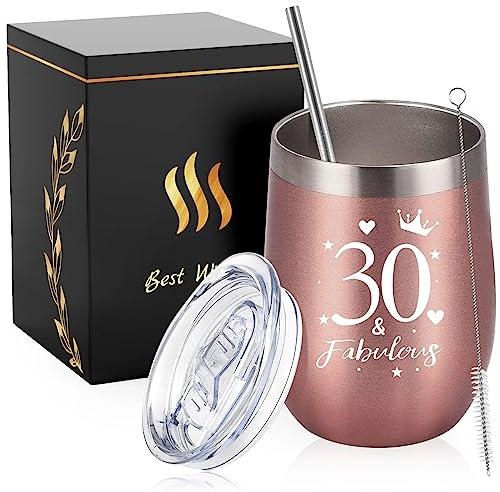 Tasse à Vin en Acier Inoxydable, 30 Anniversaire des Femmes, Sans BPA Double paroi Isolée Sous Vide Verre à Vin Tasse à Café de Voyage, Cadeaux pour Les Femmes 30 Anniversaire, Cadeau de Camping
