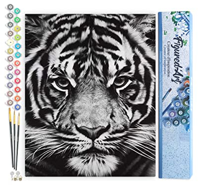 Figured'Art Peinture par Numéro Adulte Tête de Tigre en noir et blanc - Activité Manuelle Kit de Loisir Créatif DIY Numéro d'Art Complet - 40x50cm sans châssis en bois