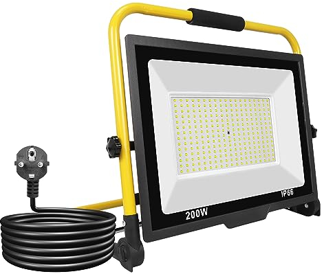 RIGIDON Foco de Trabajo Led 200W, 20000LM Portatil Proyector Led, Soporte Plegable, IP66 Focos Lámpara Uso en Interiores y Exterior, Para Obra de construcción, Taller, Garaje, Jardín, 6000K Blanca