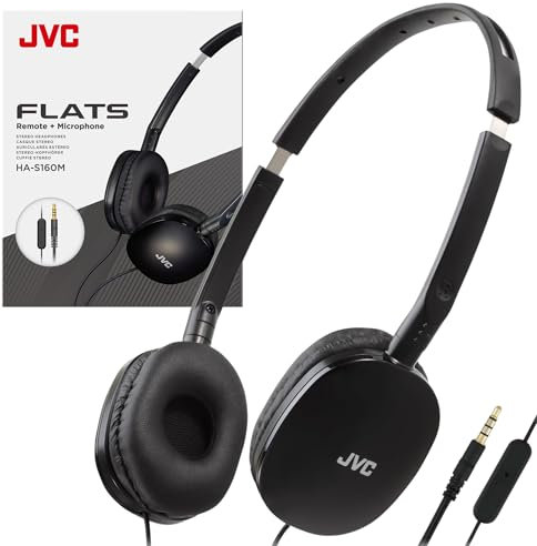 JVC HAS160MB Casque Audio Plat Pliable avec télécommande et Microphone, Prise Fine 3,5 mm Plaqué Or Noir