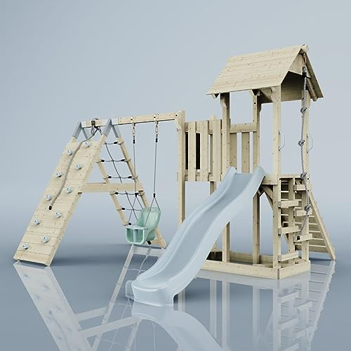 ReboOutdoor Spielturm mit Wellenrutsche | Klettergerüst mit Kinderschaukel, Kletterturm, Kletterwand, Kletternetz | Stabile Konstruktion, Weiches Gefühl in den Seilen