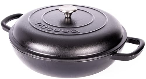Shallow Cast Iron Casserole with Lid – Non Stick Dutch Oven Pot, Oven Safe up to 500° F – Sturdy Ovenproof Stockpot Cookware – Enamelled Cooking Pot – Black, 5-Quart, 32cm – by Nuovva