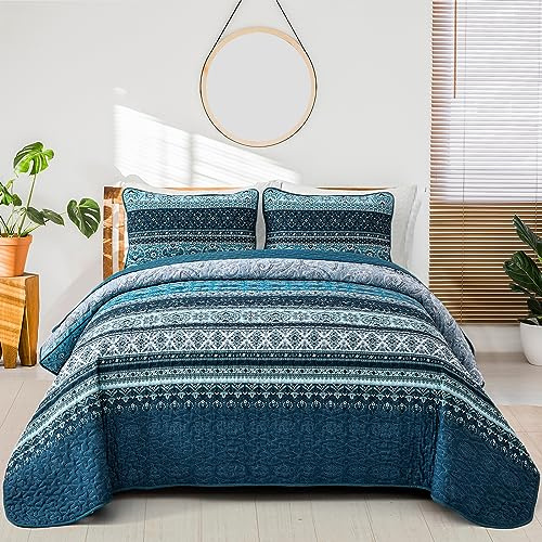 WONGS Bedding Boho-Steppdecken-Set in voller Größe, blaues Boho-Bettwäsche-Set, leichte Mikrofaser, Bettdekoration, Tagesdecke mit Kissenbezügen für alle Jahreszeiten, 229 x 198 cm, 3-teilig,l