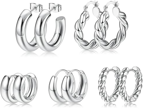 Dochais 5-6 Paar Chunky Hoop Creolen, 18 Karat Vergoldet, Tropfen Twisted Huggie Ohrringe, Hypoallergene Hoops für Damen Frauen Mädchen (Silber)