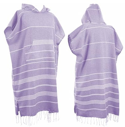 1 x großer türkischer Baumwoll-Poncho, Surf-Poncho, Wickelmantel mit Kapuze und Vordertasche, saugfähig, tragbar, mit Kapuze, Strandtuch für Erwachsene, Herren, Damen, Strand, Pool (lila, groß)