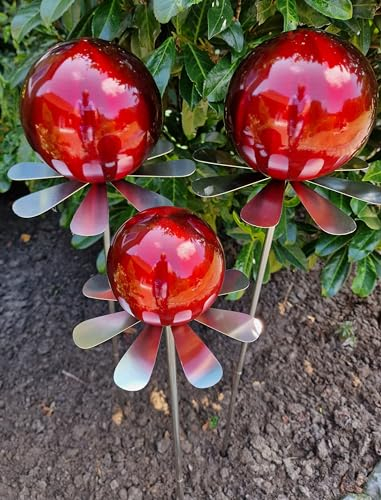 Jürgen Bocker Garten-Ambiente Blütenzauber Rotterdam 3er Set Rosenkugel 15/15/10 cm Edelstahl Gartenstecker Deko mit Stab 80 cm (rot matt)