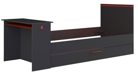 Vente-unique-Ausziehbett Gamer mit Schreibtisch & LEDs - 90 x 200 und 90 x 190 cm - Anthrazit & Rot - VOUANI
