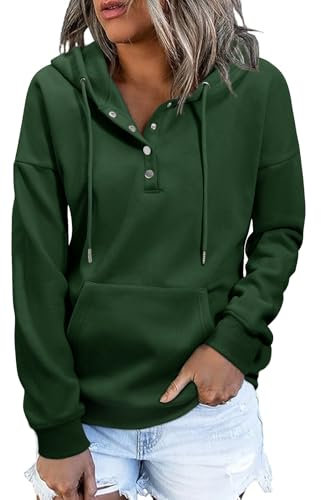Heekpek Sudadera con Capucha Mujer Cuello V de Botones Sudadera Invierno Fleece Casual Suelto Hoodie Sweatshirt con Bolsillo, Verde, L