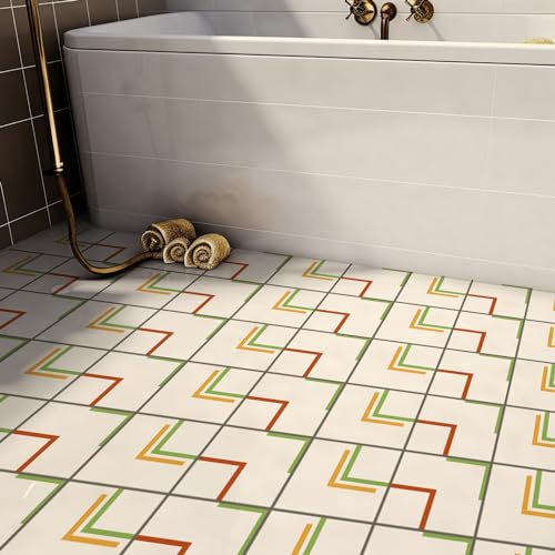 Alwayspon 0.5mm Thickness 24PcsX20cmX20cm White Vinyl Floor Wall Tile Sticker Transfer with Yellow, Green and Red Lines, Vinyl Flooring Non-Slip Sticky Back Tile Decals for Kitchen Bathroom