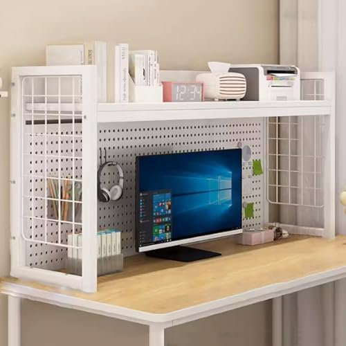 Estante de escritorio para computadora con rejilla móvil y diseño de tablero perforado para organización de escritorio y almacenamiento de libros, blanco y gris, estante ajustable de 2 niveles